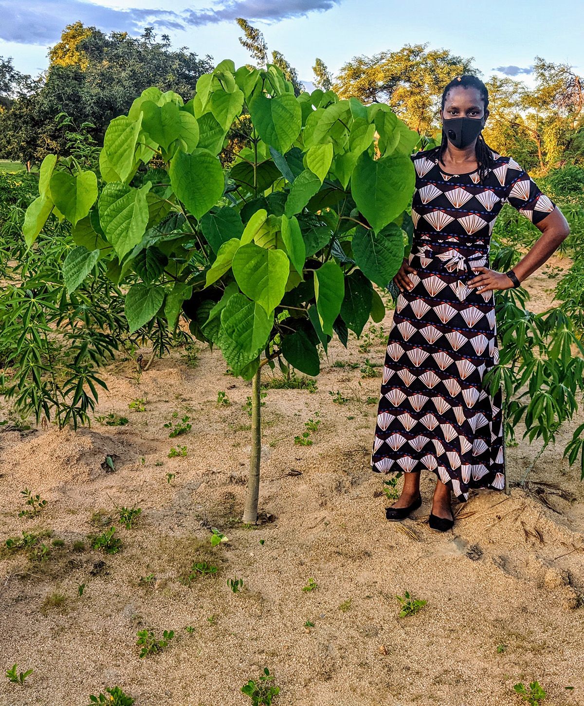 A woman stands next to a one-year-old leafy tree.