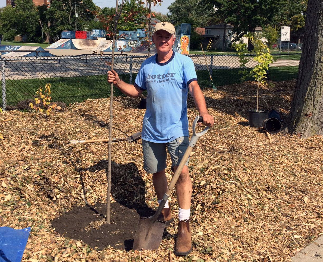 Peter Ewins of Project Swallowtail holding a newly planted tree and a shovel