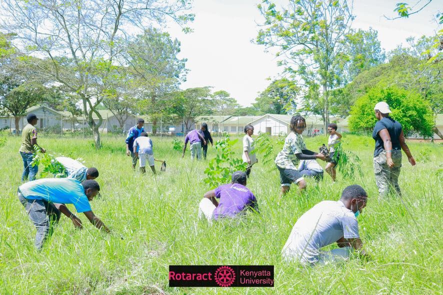 Lamech Opiyo and others working outdoors in a field with trees