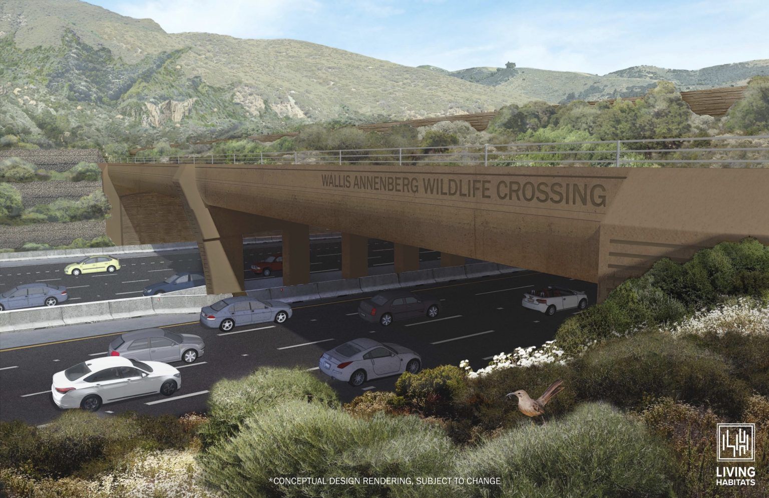 A rendering of a wildlife crossing going over a freeway filled with cars.