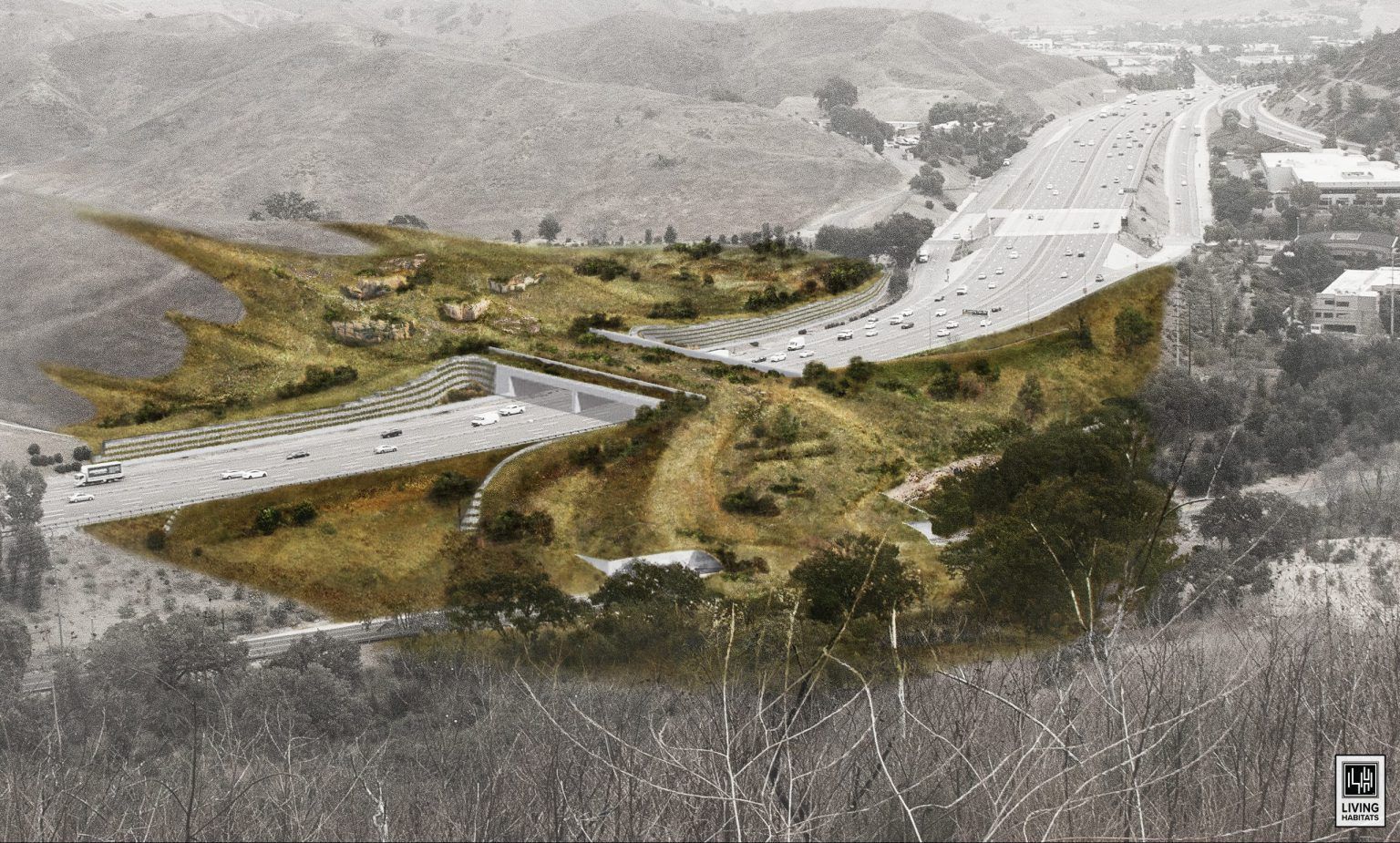 A zoomed-out rendering of a wildlife overpass with the green space highlighted.