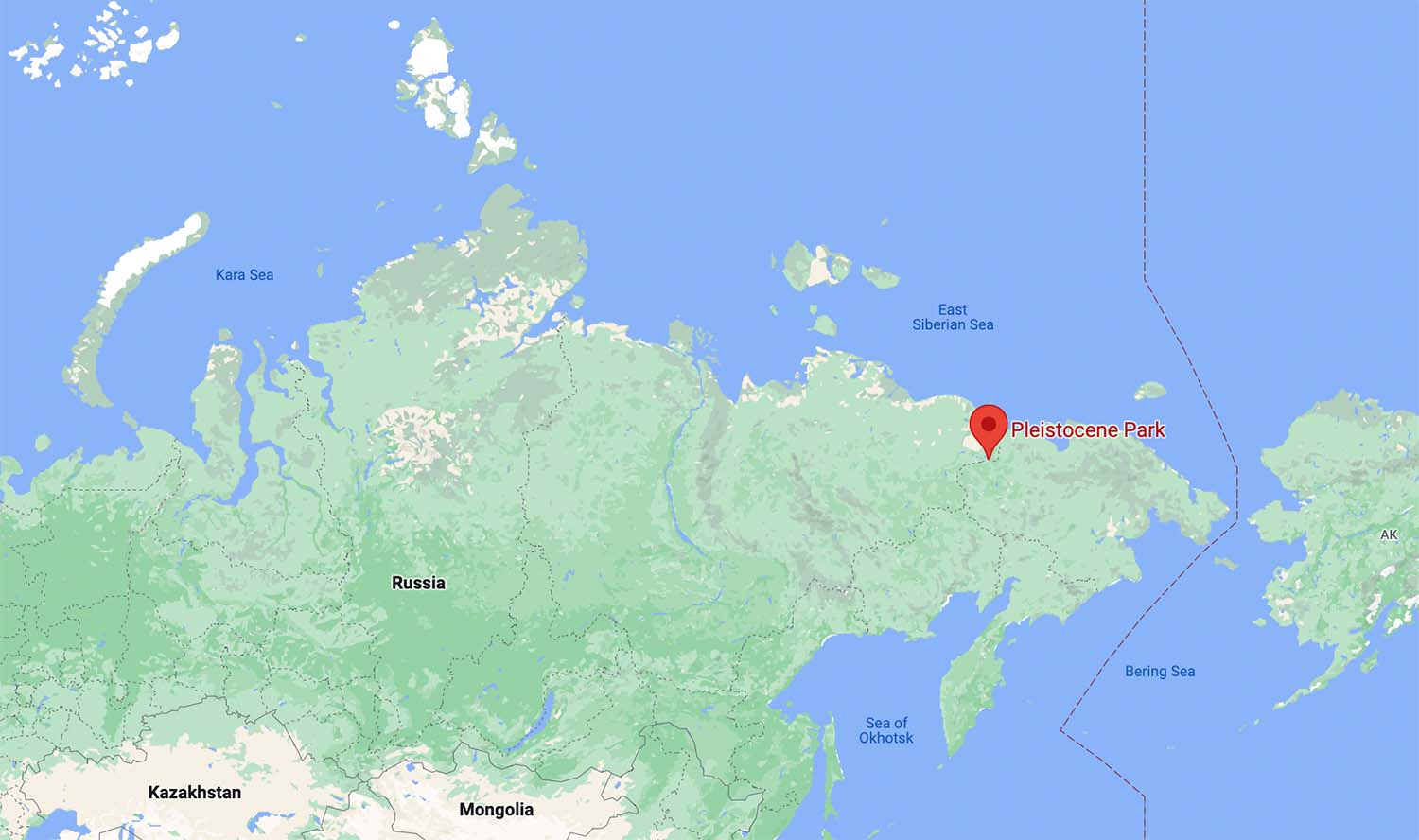 A screenshot of Google Maps showing Pleistocene Park in eastern Russia