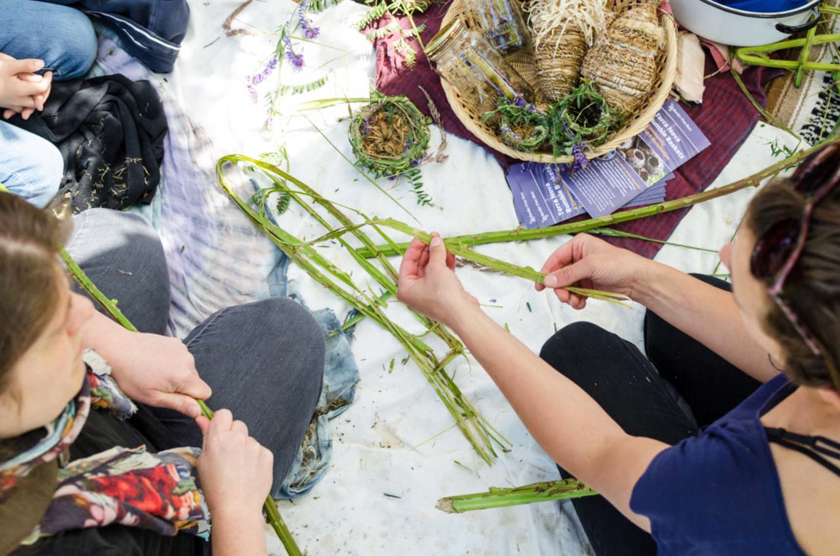 Top-down view of people weaving with plant parts