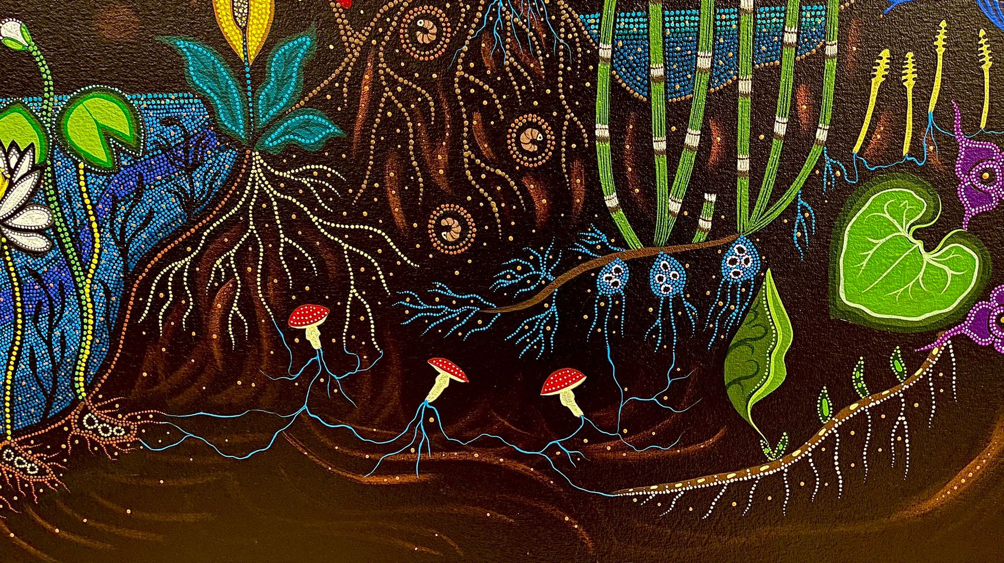 Intricate, colourful, beadwork-inspired painting of nature including mushrooms, roots, stems and leaves
