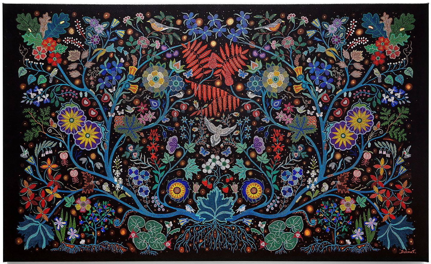 An intricate, colourful, beadwork-inspired painting of nature on a black background