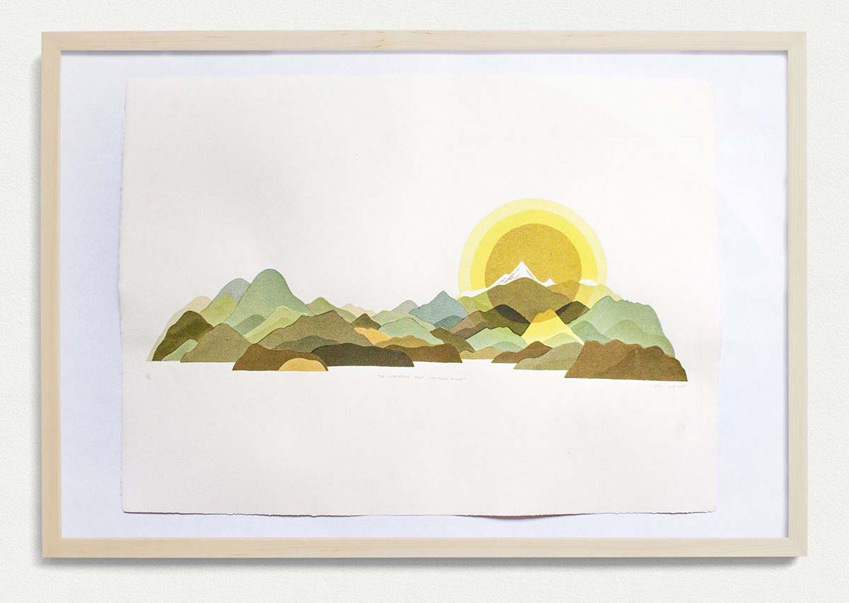 An illustration of a mountain scene with a sunset