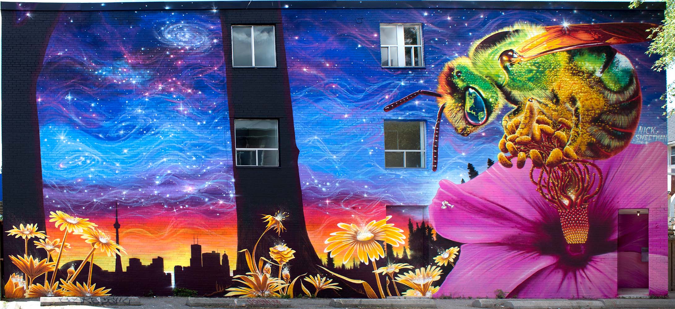 Photo of a large wall mural showing a green bee on a pink flower with the Toronto cityscape, a sunset and the starry sky