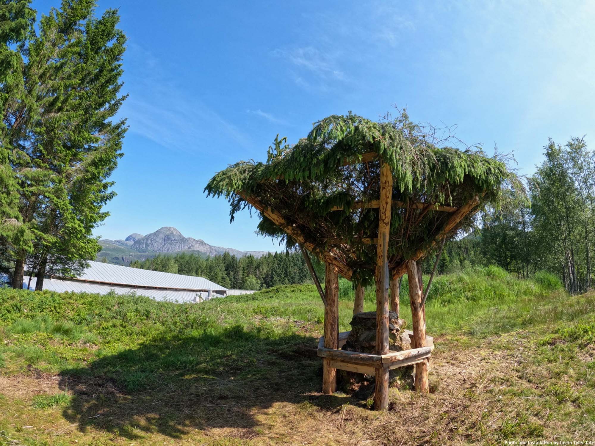 A standing structure of wood and trees in a field with blue sky and mountains in the background