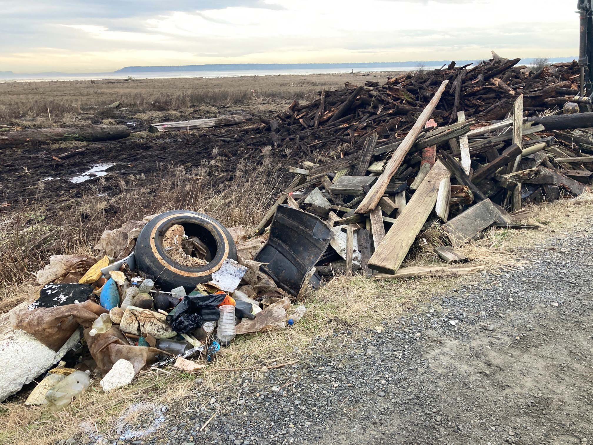 A tire, pieces of wood, various garbage and debris piled up along the edge of a path after being cleaned up