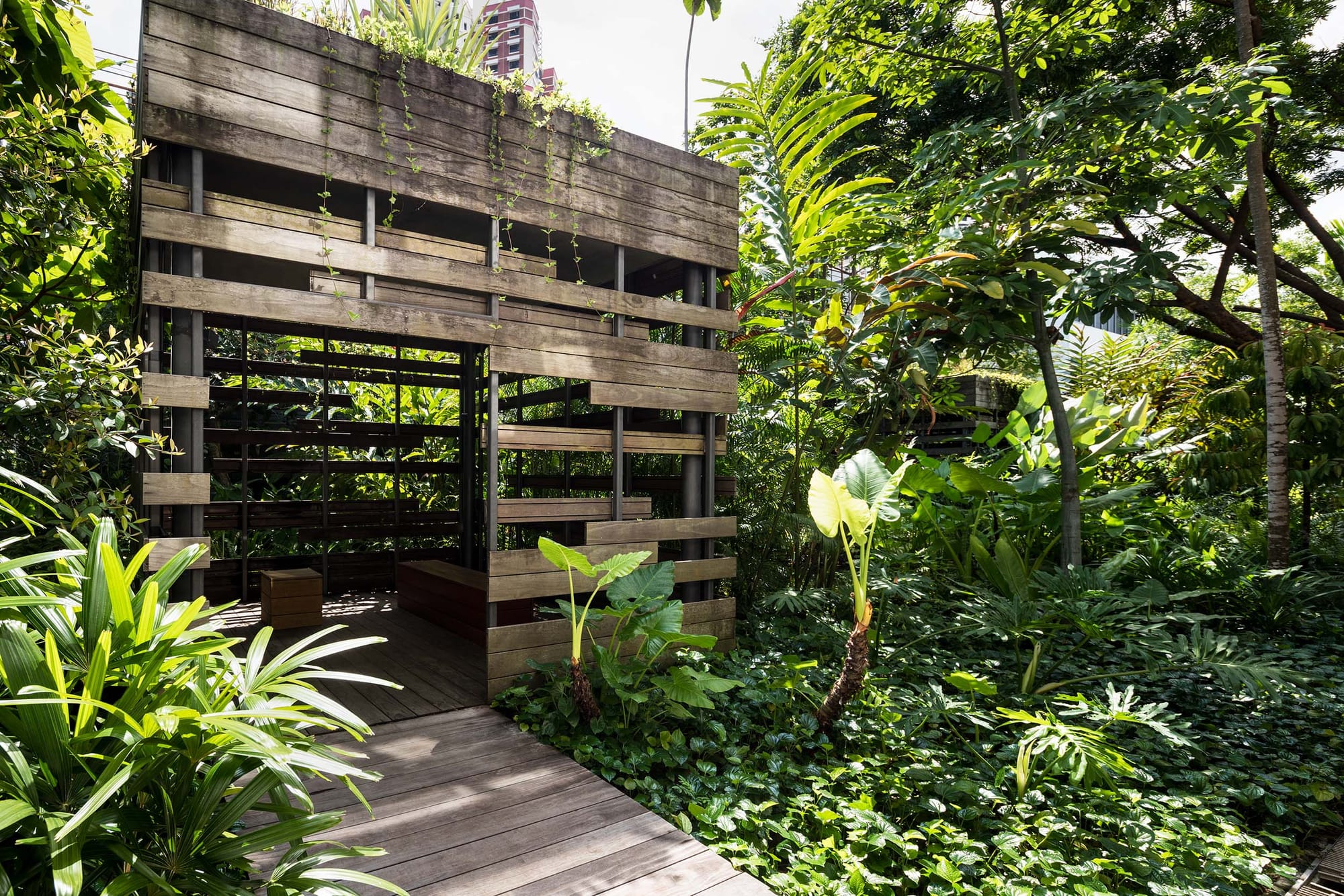 A wooden structure with walkway within a lush green landscape