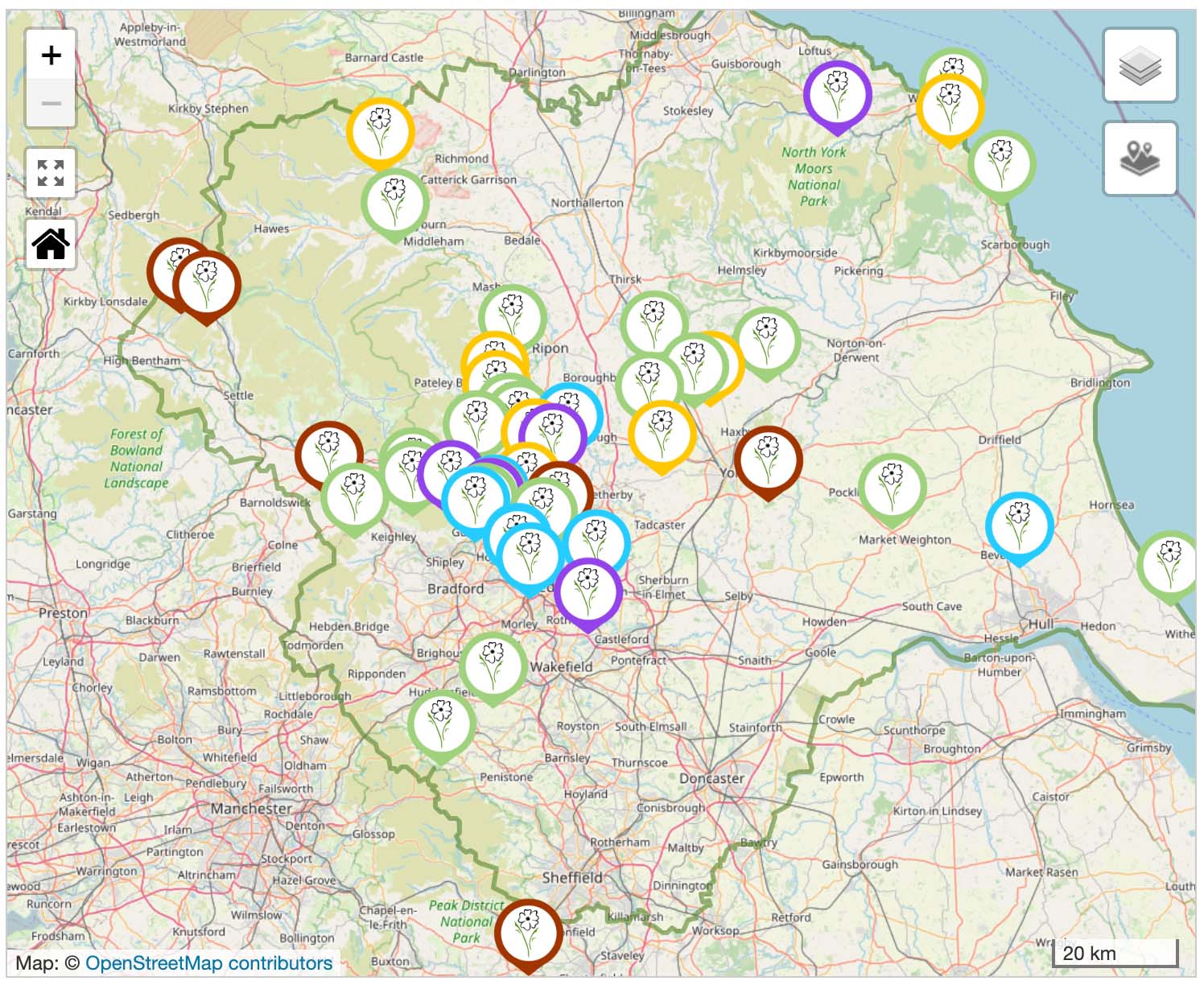A map of Yorkshire with markers denoting sites where rewilding is taking place