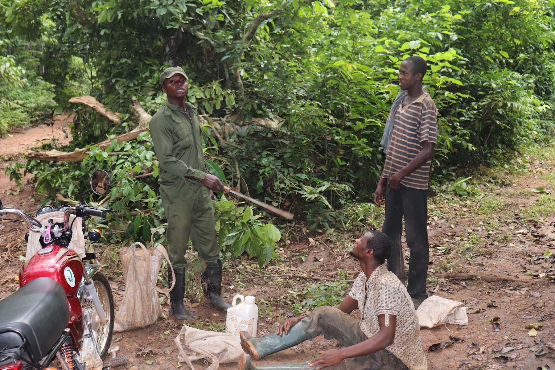 Three people in a forest clearing, two standing and one sitting