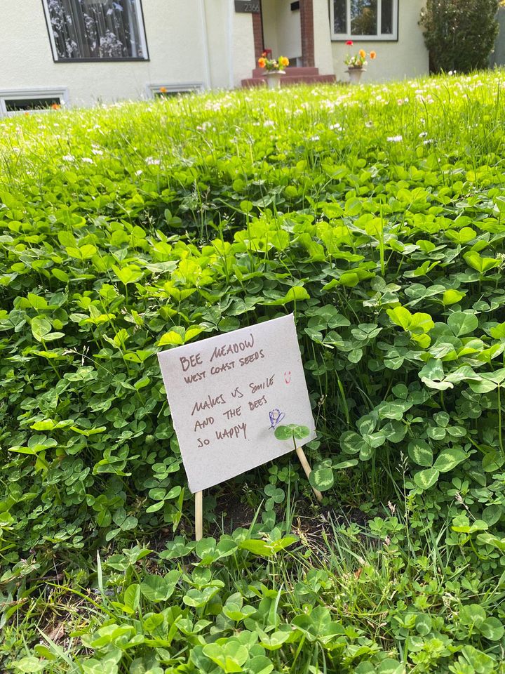 A sign in clover reads "Bee Meadow, West Coast Seeds: Makes us smile and the bees so happy"