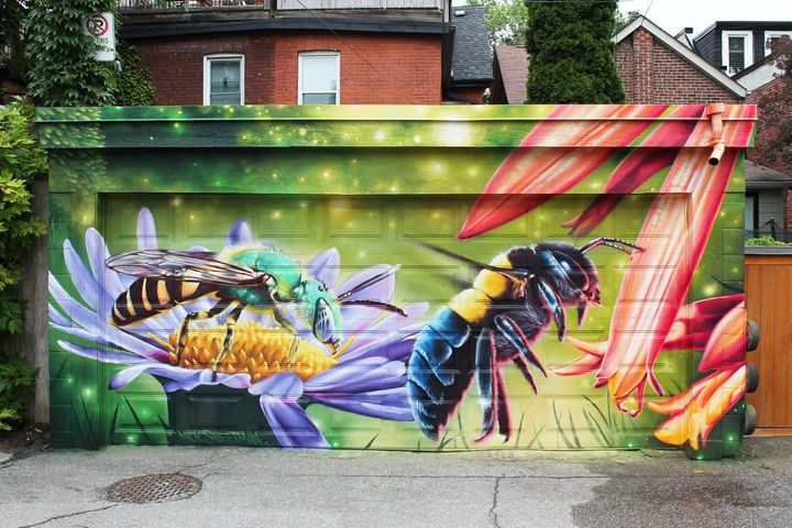 Mural of a green sweat bee and a carpenter bee on a garage in a Toronto laneway