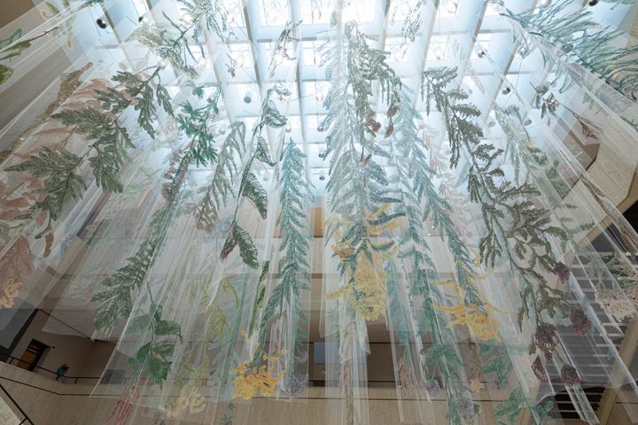 A work by textile artist Amanda McCavour in which long plants made out of fabric hang from a bright ceiling