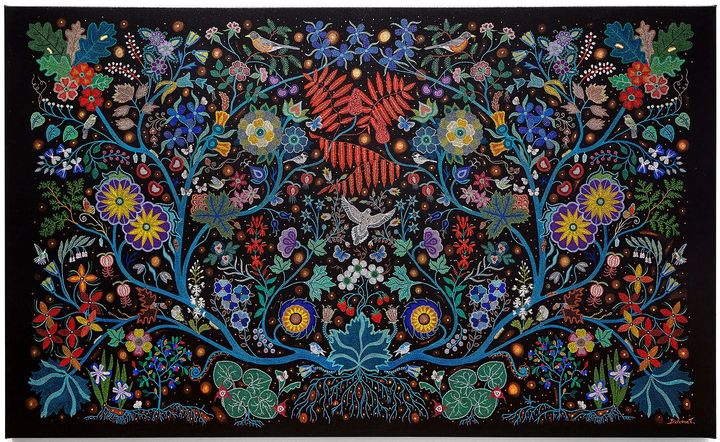 Intricate, colourful, beadwork-inspired art on a black background depicting a nature scene