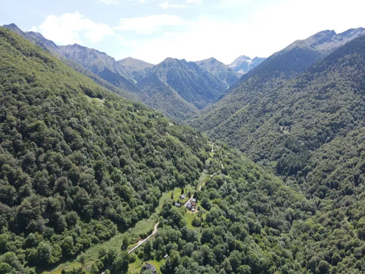 Landscape scene of tree-covered mountains with a road and a few buildings visible